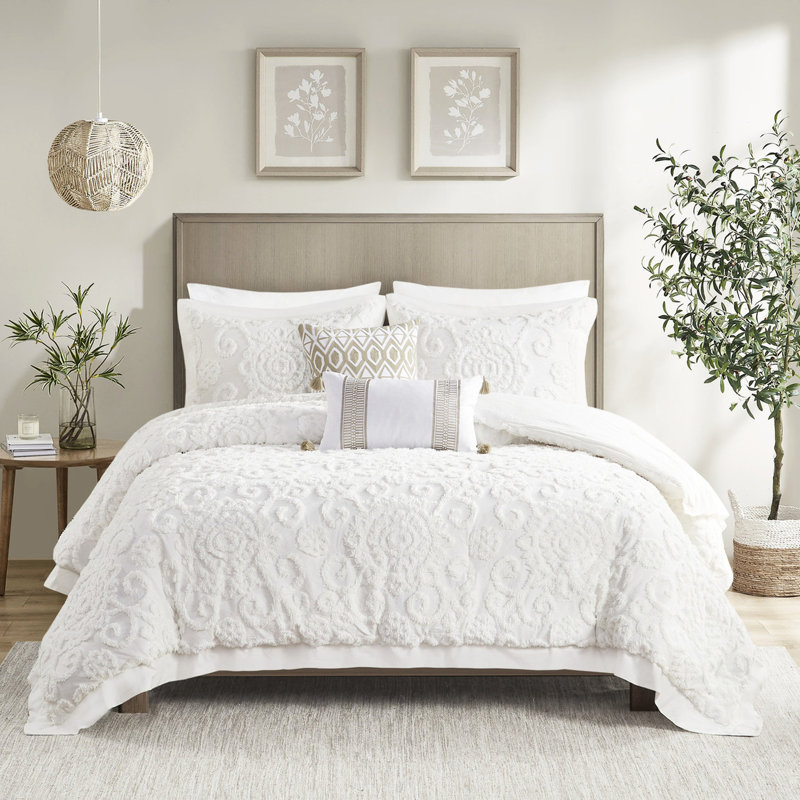 Édredon double / grand - 100% coton brodé avec 2 taies décoratives en chenille douce et apaisante