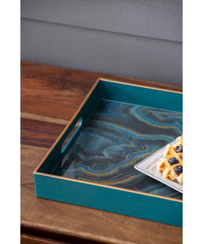 Set of 2 Blue Plastic Trays with Gold Marbled Patterns, Decorative Nesting Trays for Serving, Blue