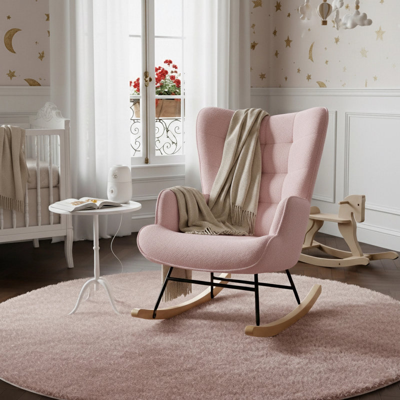 Tufted Rocking Chair, Modern Scandinavian Bouclé Accent Chair with Solid Wood Runners, Beige/Light Grey/Dark Grey/Pink, Pink