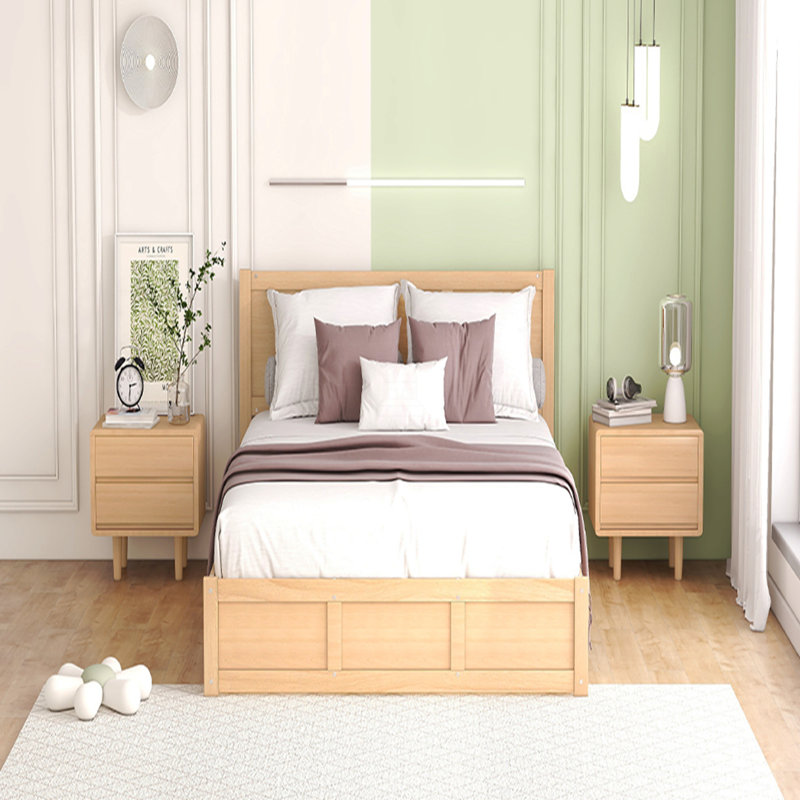 Grand lit plateforme en bois avec rangement inférieur et 2 tiroirs