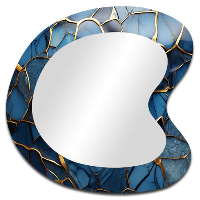 Or et mosaïque de marbre bleu agate III - grand miroir de forme unique abstraite, miroir mural décoratif asymétrique moderne, impression d'art en métal