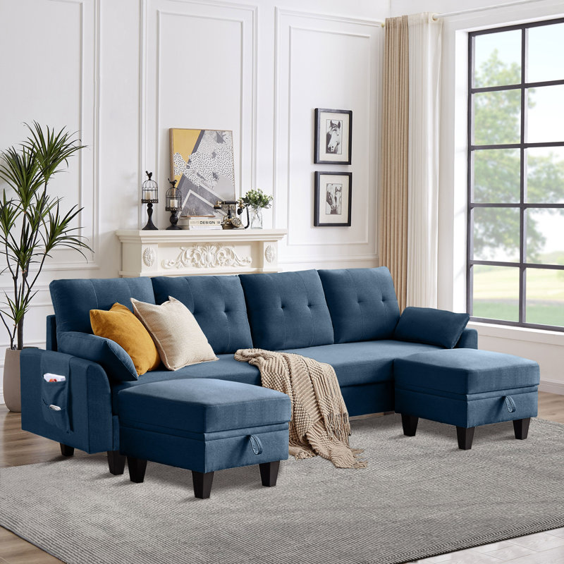 Kurumi Upholstered U-Shaped Sectional with Ottoman Symmetrical, Blue Polyester