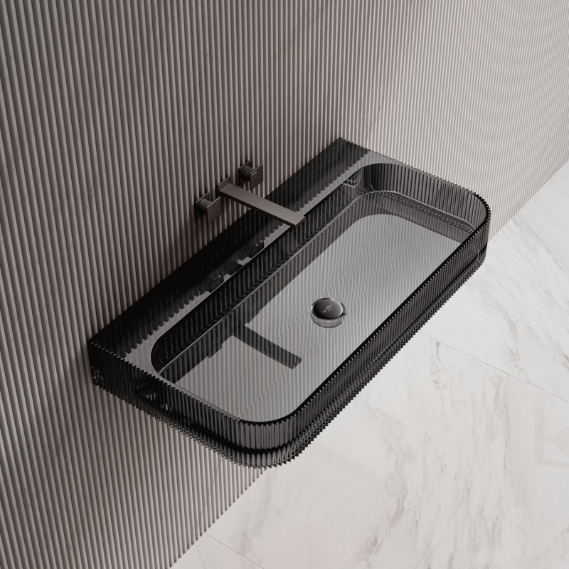 Lavabo de salle de bain mural cannelé en résine 35 po x 18 po MonBlari, 35.43" L X 18.11" W X 4.72" H", Clear Black