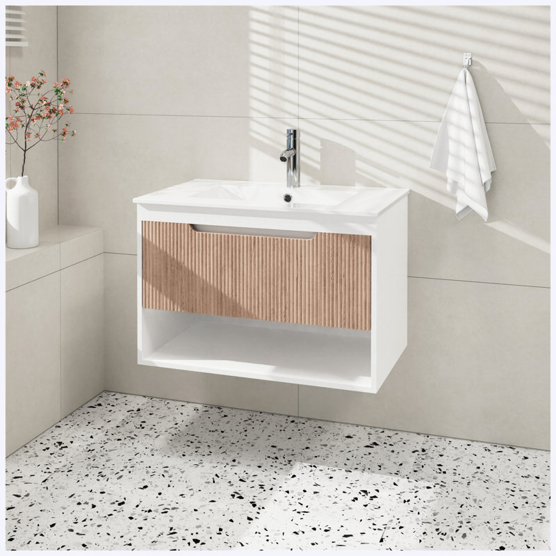 Meuble-lavabo de salle de bain flottant 30 po seulement, panneau de fibres à densité moyenne mural avec tiroir à grain de bois cannelé, rails à fermeture douce et tablette ouverte, blanc / chêne (lavabo non inclus)