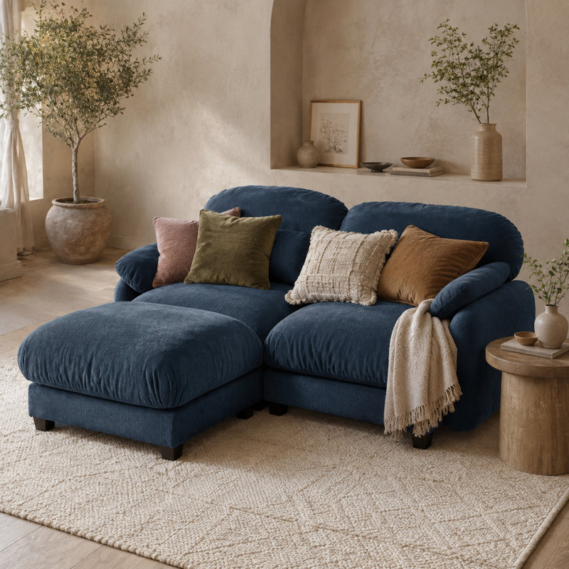 Canapé d'angle modulaire Elarquess Cloud pour 2 personnes avec pouf amovible, assise profonde en chenille, coussins en mousse haute densité et ressorts, 2 petits coussins lombaires