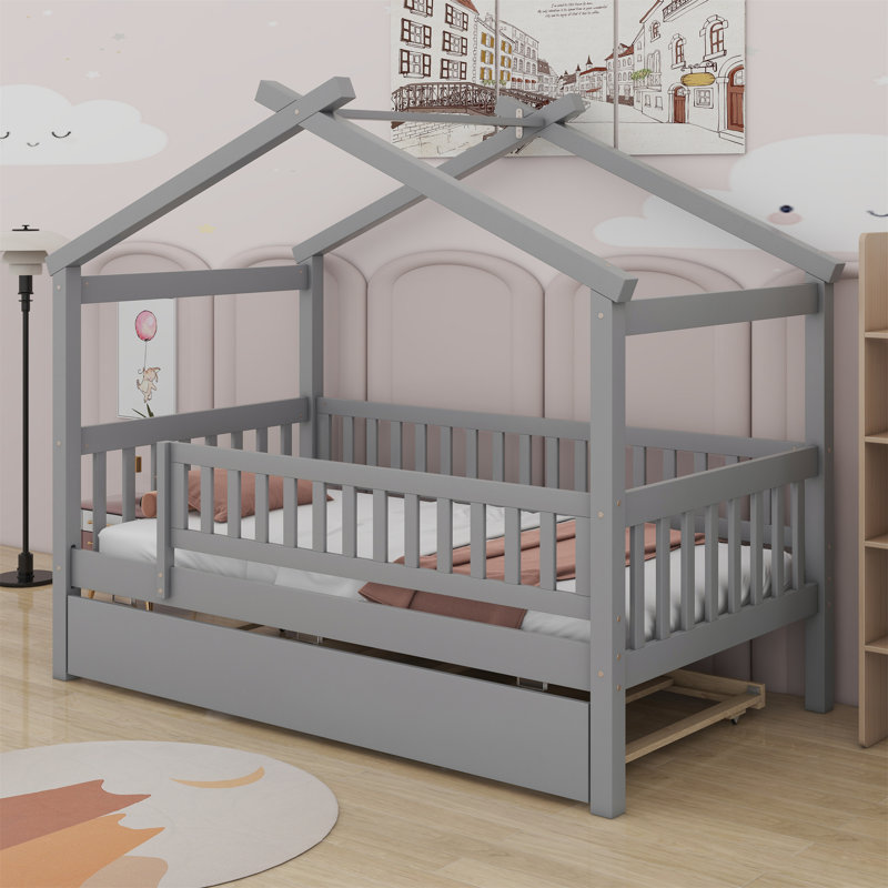 Wooden House Bed with Trundle, Twin, Gray/Oak