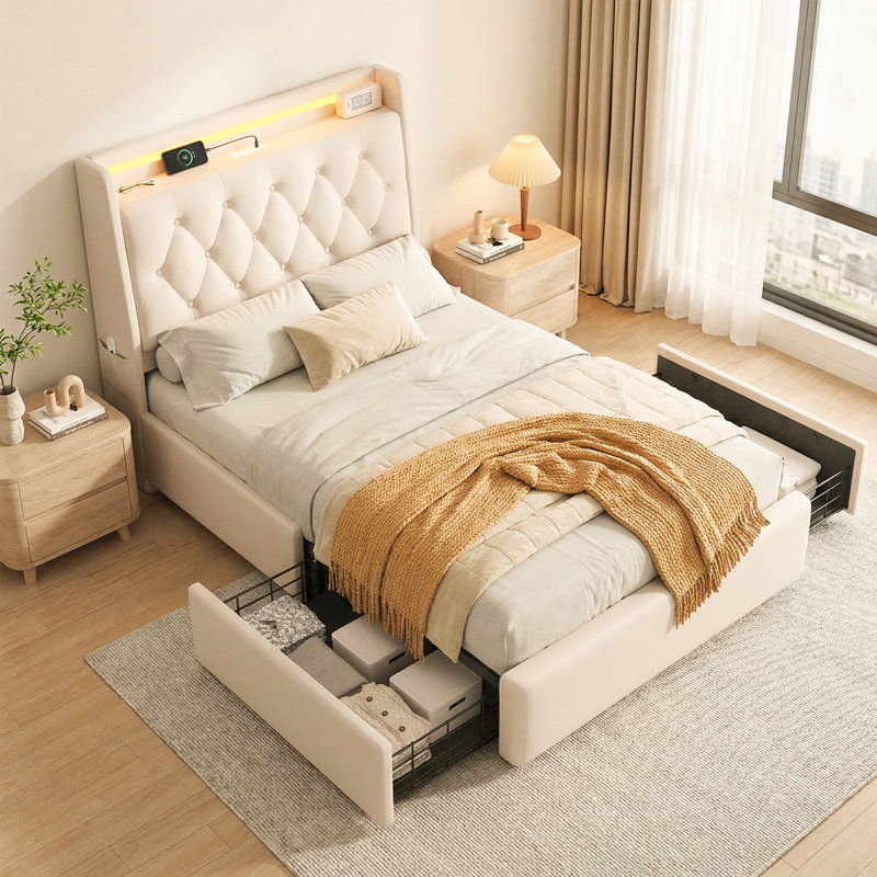 Twin Size Beige Upholstered Bed with Tufted Headboard, 2 Storage Drawers & LED Lights, Twin, Beige