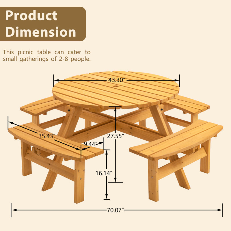 Repas de camping extérieur pour 8 personnes, création en bois massif, table de 43,3 pouces, quatre bancs, ensemble de fixation pour 2 parasols, bois de sapin,