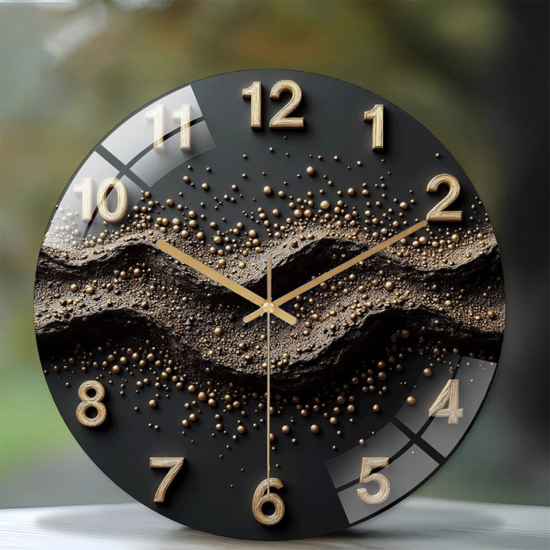 Elegant Black Round Wall Clock with Unique Design Art - 12'' Modern Glass Wall Clock