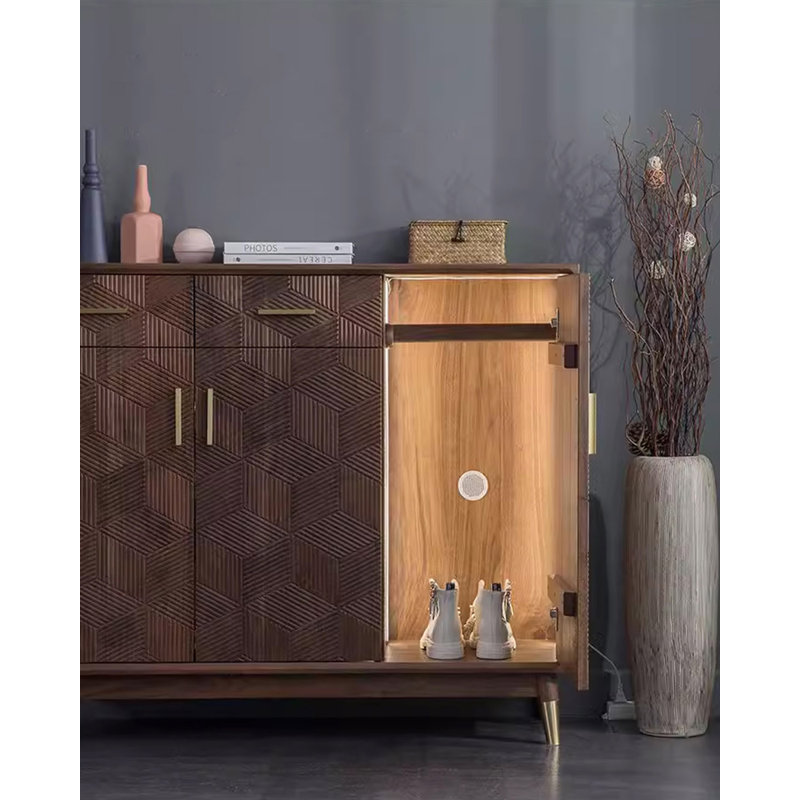 Mortise and Tenon Solid Wood Shoe Cabinet with Brass Handles