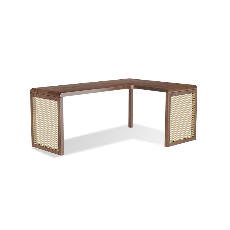 Bureau en bois massif en forme de L brun noyer + en rotin +, H 29,53 po x l 62,99 po x P 47,24 po, Retour à droite