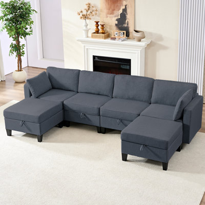 109" W Modular U Shaped Sofa Couch With Storage, Convertible Sectional Couches For Living Room Sets Furniture With Reversible Chaise, 4 Seat Sofa Couch With Ottomans For Home Office