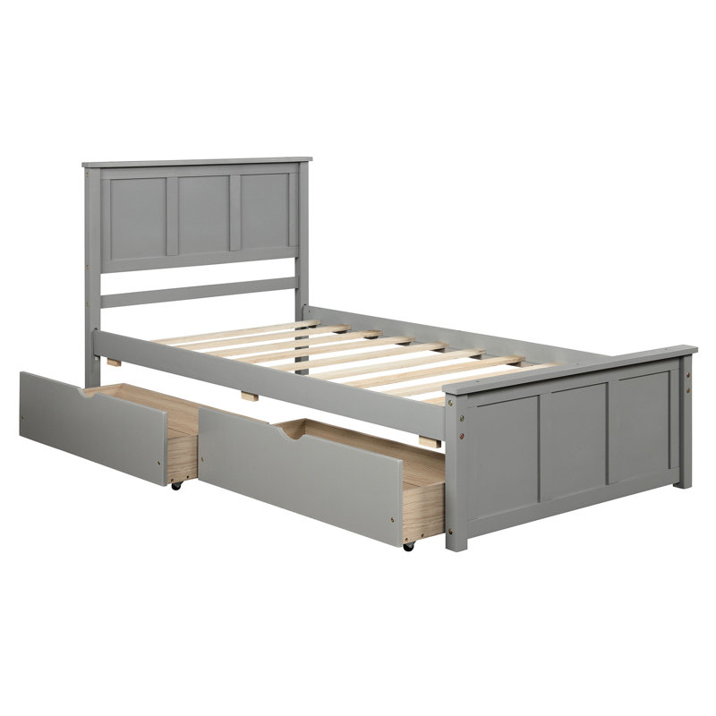 Lit plateforme simple avec 2 tiroirs coulissants et roulettes, fabrication en bois massif et rangement à roulettes, Gris
