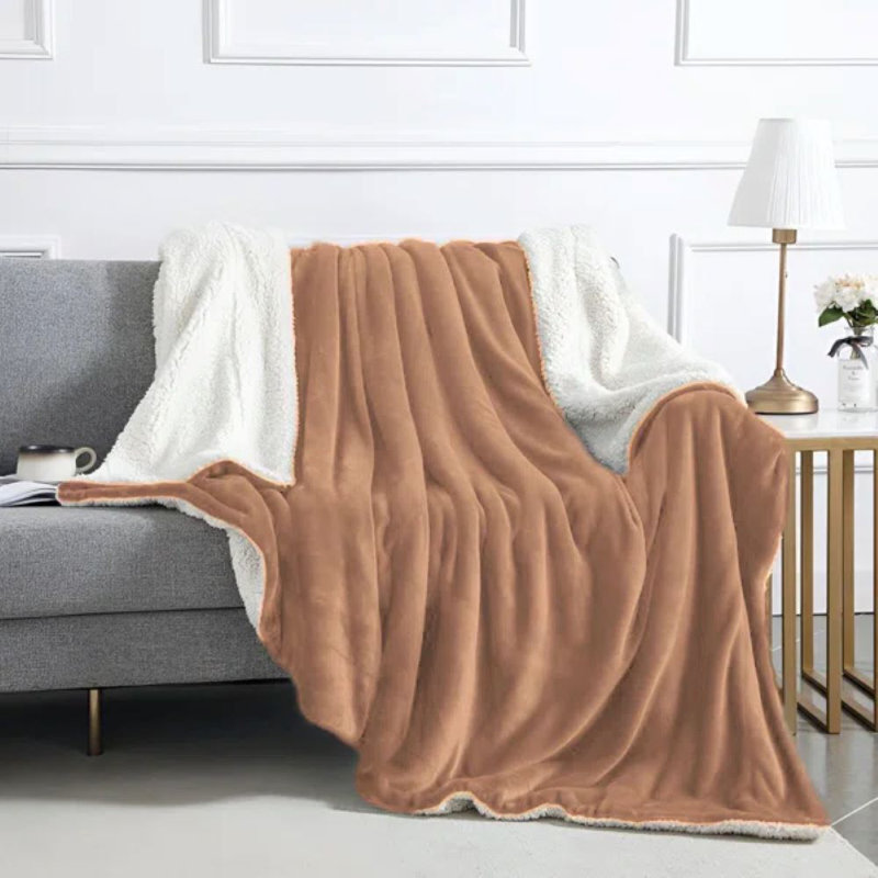 Kaylie Soft Sherpa Fleece Fur Thick Dual Sided Reversible Blanket Throw, 200cm x 240cm, Camel