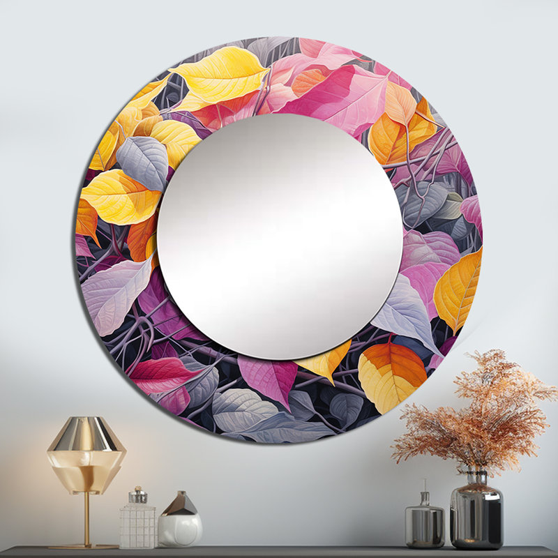 Feuilles roses et jaunes en hiver - grand miroir mural à feuilles, miroir rond rose unique, reproduction d'art en métal