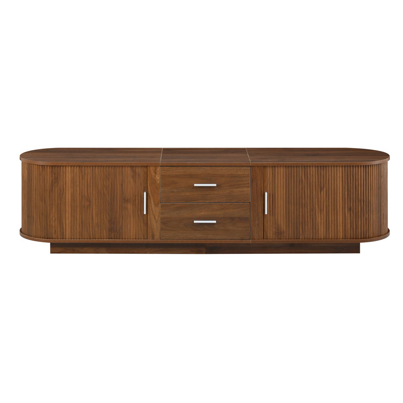 Meuble télé moderne avec tiroirs, rangement coulissant caché, coins arrondis et surface imperméable, convient aux téléviseurs de 65 à 70 po