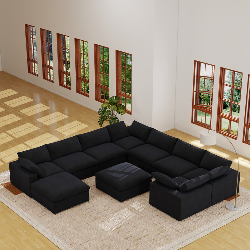 Canapé modulaire rembourré en lin avec repose-pieds 10 pièces Kenda, Mélange de lin noir / lin