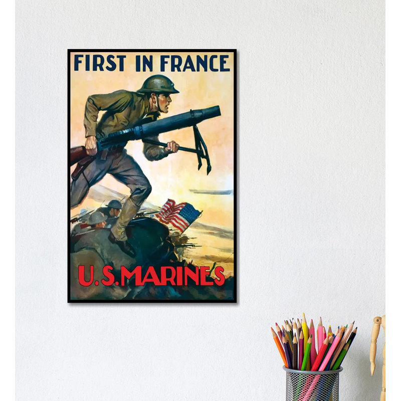 WWI Poster of Marines Charging into Battle Behind the American Flag 1 Piece Wrapped Canvas Wall Art, 20.32 cm H x 30.48 cm W