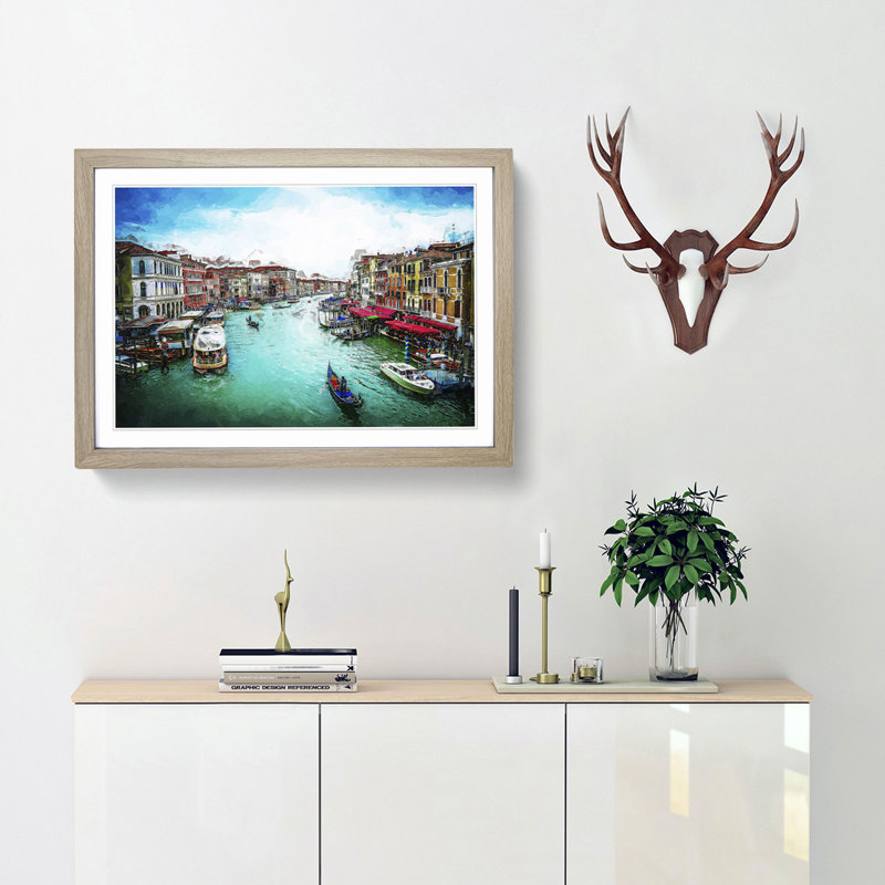 Gondolas in Venice Italy in Abstract - Picture Frame Graphic Art Print, 27cm H x 36cm W x 2cm D, Oak Framed