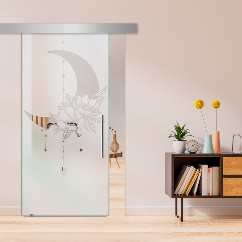 Porte de grange coulissante en verre sans cadre avec design moderne sablé et quincaillerie (semi-privée), 36 po x 84 po