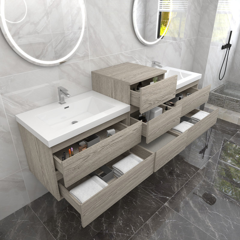 Ensemble de meuble-lavabo mural double 79 po Moreno Bailey, Chêne et teck