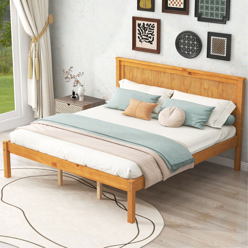 Base de lit plateforme avec tête de lit, support à lattes de bois, aucun sommier requis, Grand lit, Chêne