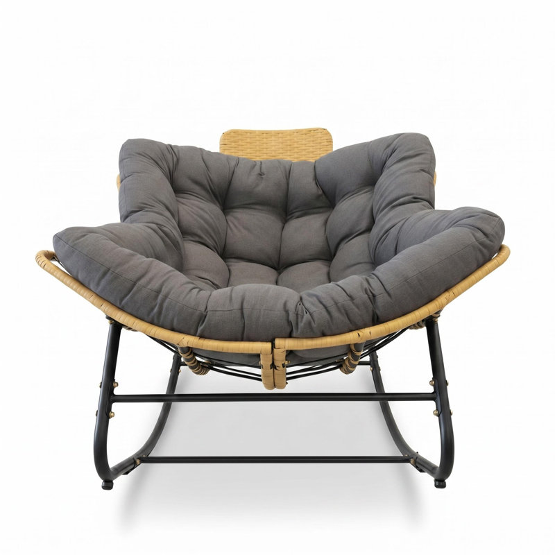 Fauteuil à bascule surdimensionné en osier, pour intérieur et extérieur, avec coussin moelleux et structure en acier, GRIS FONCÉ