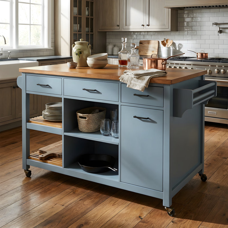 Îlot de cuisine mobile moderne avec plateau en bois d'hévéa, tiroirs de rangement, tablettes ouvertes et barre à serviettes, roulettes pour la cuisine et la salle à manger