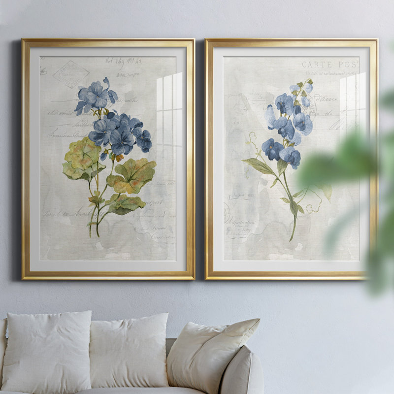 " Blue Linen Geranium " 2 - Pieces, 36.5" H x 26.5" W x 1" D, Gold Framed Paper, White