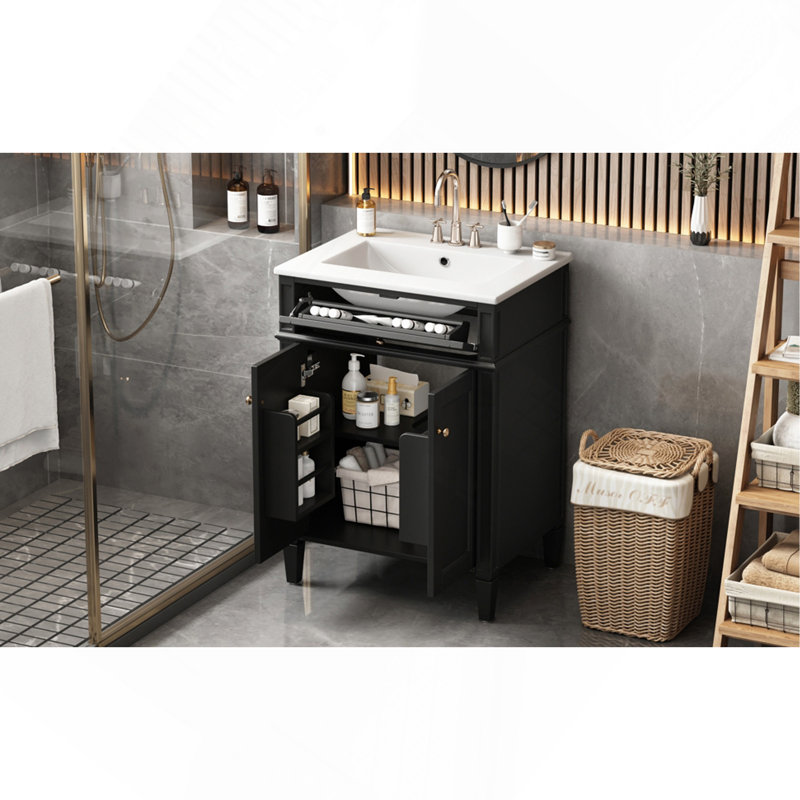 Meuble-lavabo 24 po avec 2 portes et tiroir coulissant, armoire de rangement pour salle de bain avec lavabo, portes à fermeture en douceur avec organisateurs