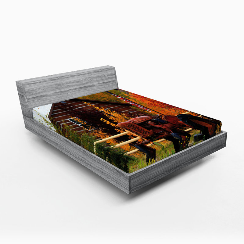 Ambesonne Fall Fitted Sheet 2-Pack Rustic Cabin with Tractor Multicolor