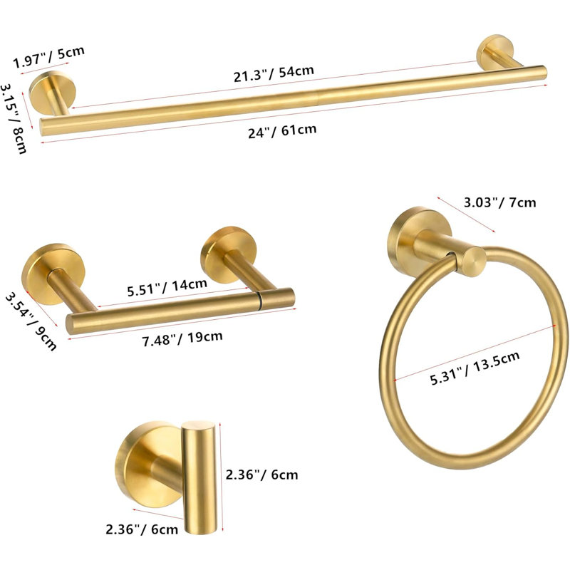 4-Piece Bathroom Hardware Set - Stainless Steel Towel Bar Set With Hand Towel Bar, Towel Ring, Toilet Paper Holder And Robe Hook - Wall Mounted For Bathroom
