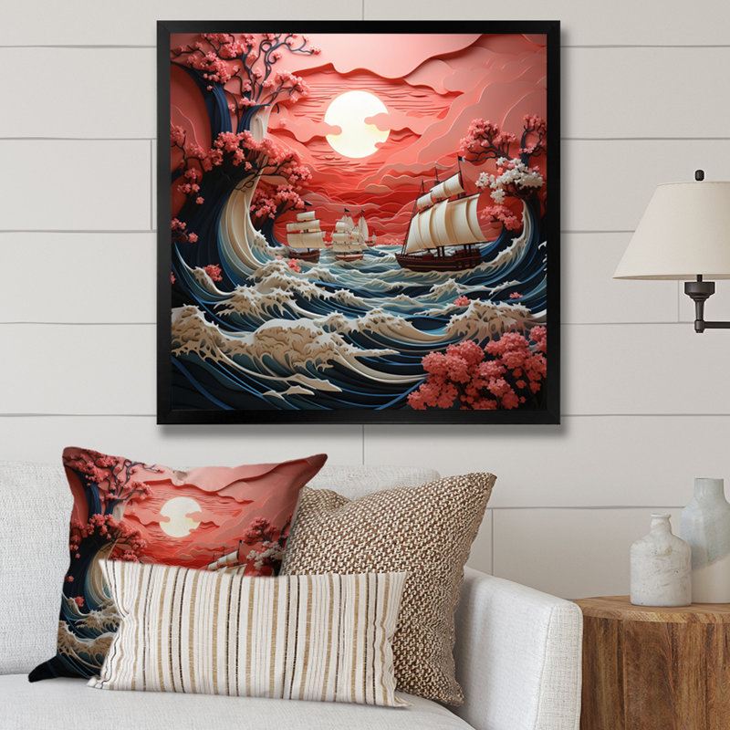 «Japon Coral Waves Papercut I», reproduction, Cadre photo noir, H 36 po x l 36 po x P 1,5 po