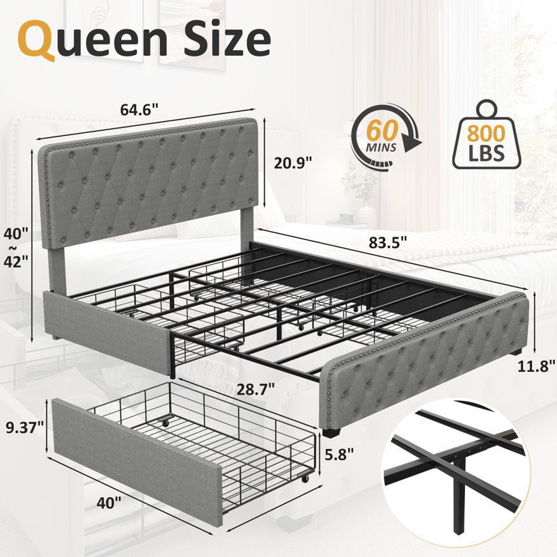Queen Storage Bed, Light Gray
