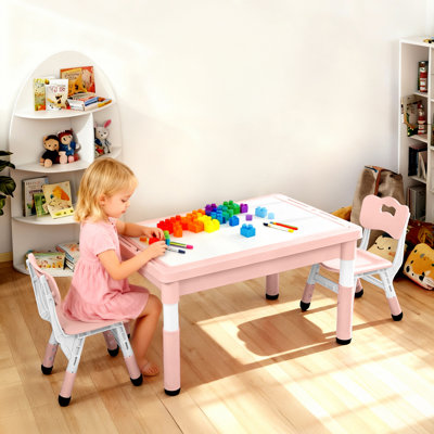 Kids Table & 2 Chairs Set, Height Adjustable Children Activity Table w/Storage, Graffiti & Building Blocks Tabletop, Toddler Furniture Set for Classro by Ebern Designs