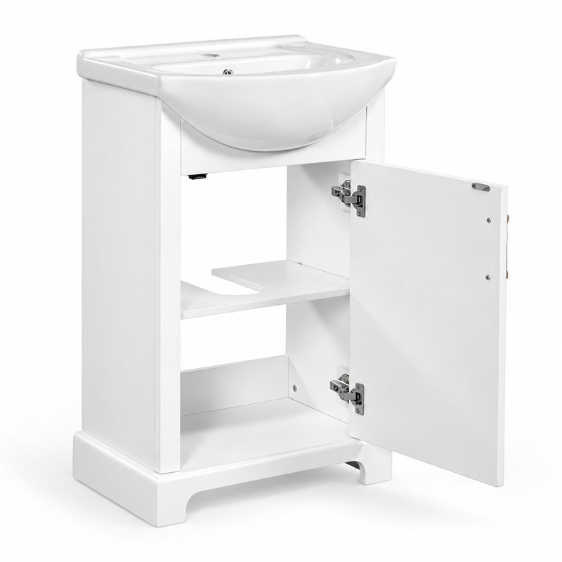 Meuble-lavabo de petite taille (20 po) avec lavabo en céramique, armoire autoportante à une porte avec étagères de rangement