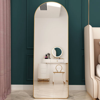 Miroir pleine grandeur de quatrième génération fixé au sol, cadre en alliage d'aluminium arqué, parfait pour la salle de bain, la chambre à coucher et les espaces de vente au détail