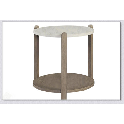 Stone Top End Table With Toffee Wood Base, Perfect For Compact Spaces And Timeless Decor.