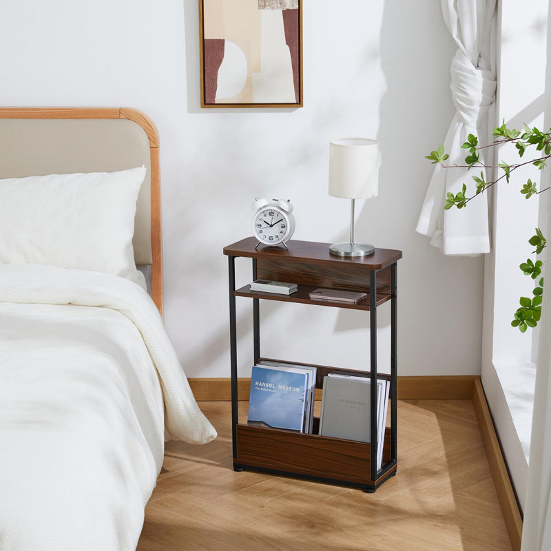 Industrial Rustic 3 Tier Side Table With Magazine Rack, Cherry