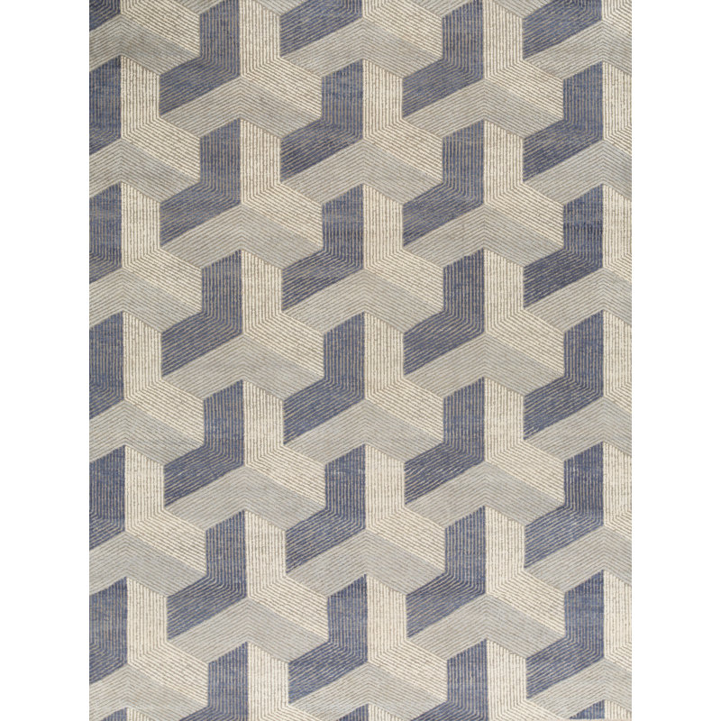 Tapis bleu et argent noué à la main de haute qualité
