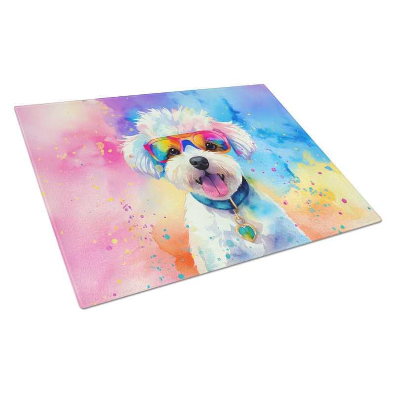 Bichon Frise Hippie Dawg Glass Cutting Board Large