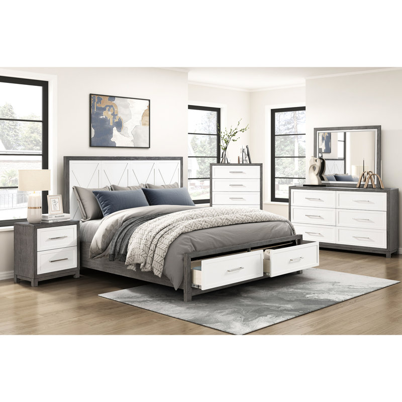 Grand lit plateforme avec rangement, élément de chambre gris et utilisation