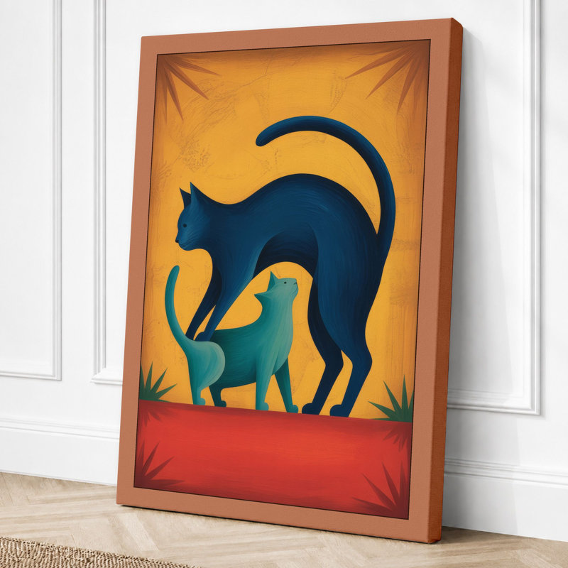 Cat and Dog Together Boho 1 Piece Wrapped Canvas Wall Art, 36x24 - 91.4 x 61.0 cm, Terracotta Border