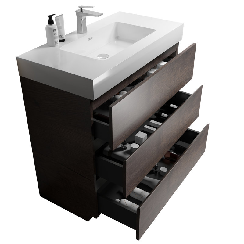 Meuble-lavabo 36 po - Noyer, lavabo blanc, avec rangement, lavabo autoportant élégant et moderne, glissières à tiroir Max Silent, finition, sans robinet ni drain