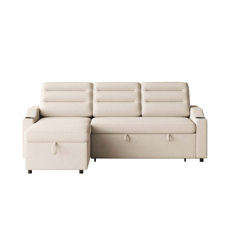 Canapé-lit 85,8 po avec lit escamotable avec port de charge, espace de rangement, Tissu beige