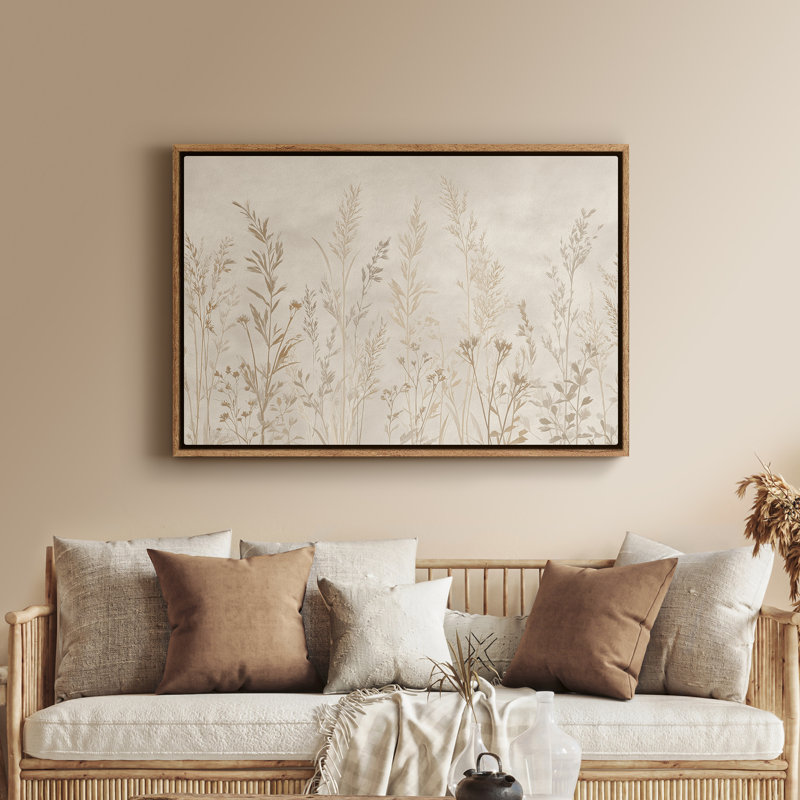 Art mural encadré sur toile - Silhouette de pré botanique minimaliste en beige doux neutre - 16 po x 24 po, 24 po x 36 po