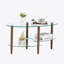 Table basse ovale avec plateau et tablette en verre, pieds en bois de chêne