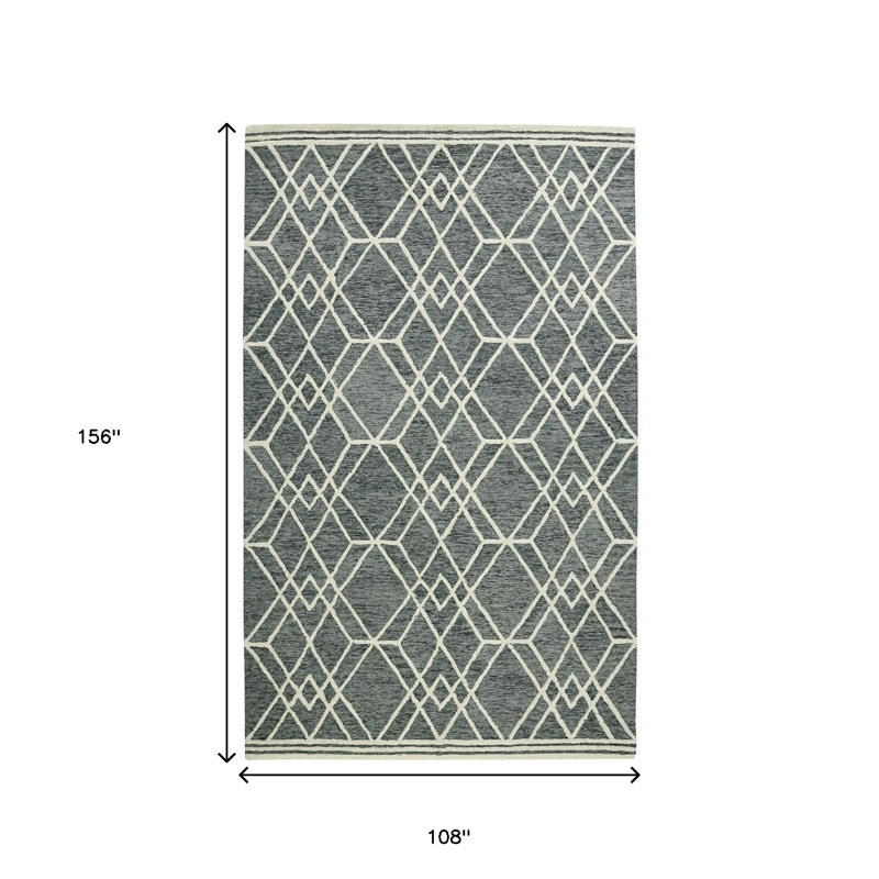 Tapis géométrique crocheté à la main 9 pi x 13 pi en laine gris et ivoire