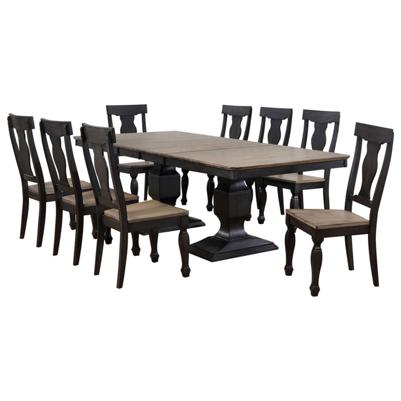 Ensemble de salle à manger rustique de style campagnard avec table à tréteaux rectangulaire et huit chaises profilées