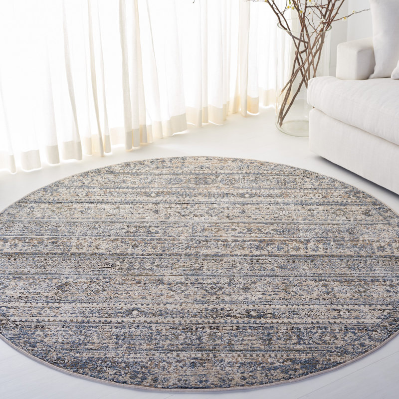 Ivory & Navy Hand-Knotted Round Wool & Synthetic Blend Rug